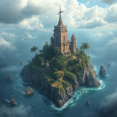The primary subject of the image is a large, castle-like structure situated on a rocky island in the middle of the ocean. The setting is a vast body of water, with clouds in the background. The visual style of the image is digital art, giving it a surreal and fantastical appearance. The dominant colors are blue and white, creating a serene and dramatic atmosphere.